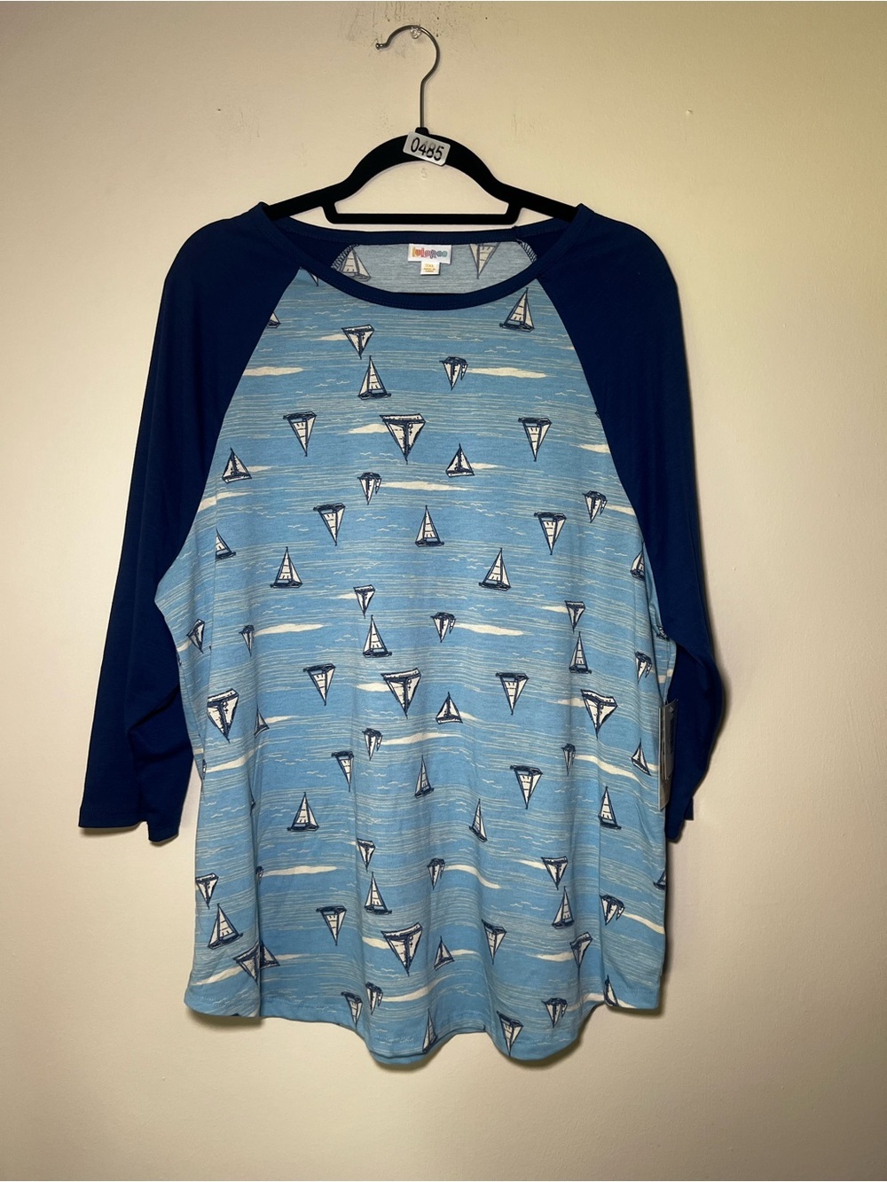 LuLaRoe Randy Light Blue & Navy Sailboat Baseball Tee